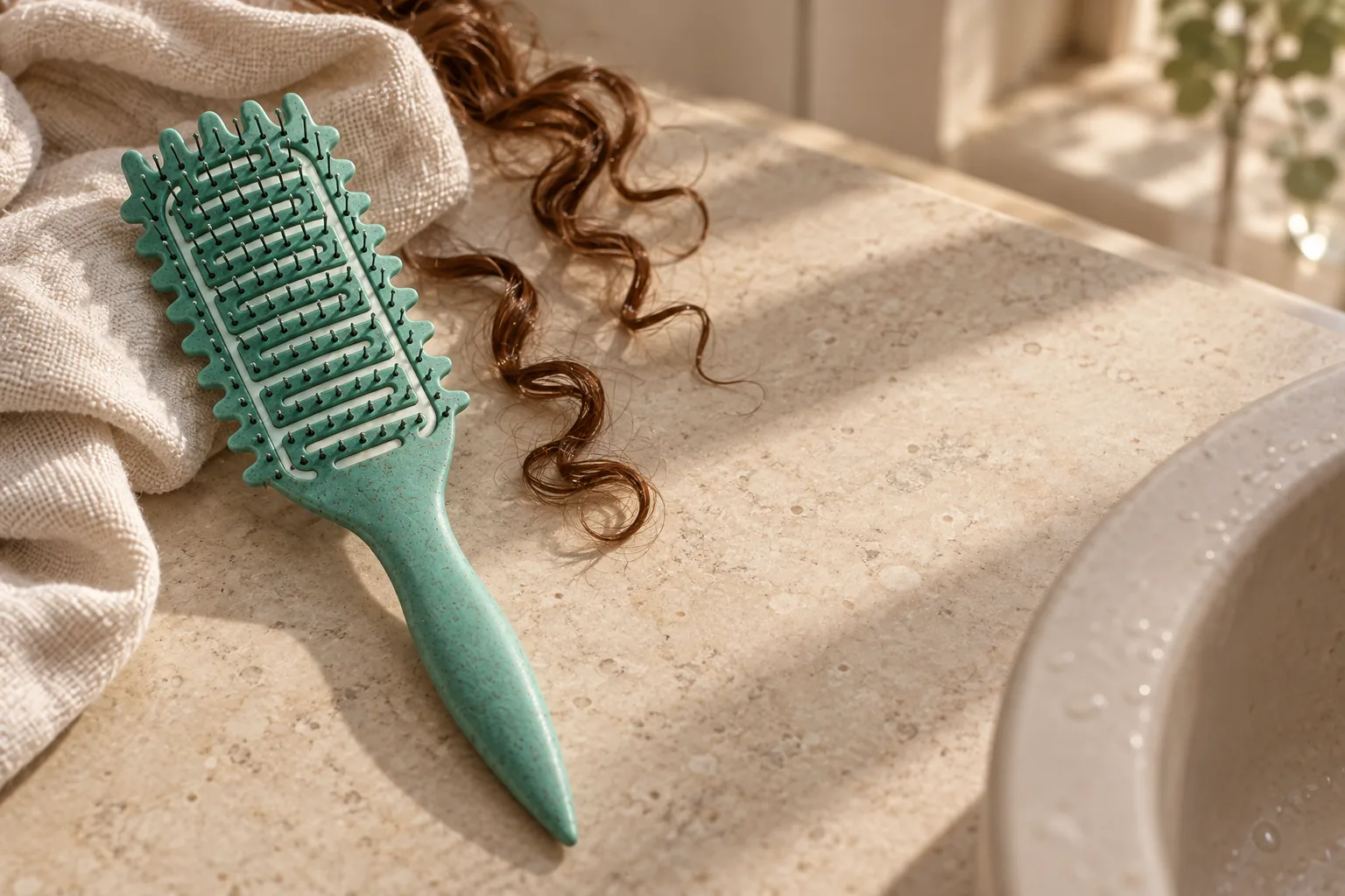 La brosse de définition Torsalia vert sauge posée sur un plan de pierre crème, à côté d'une serviette de lin et de mèches bouclées humides